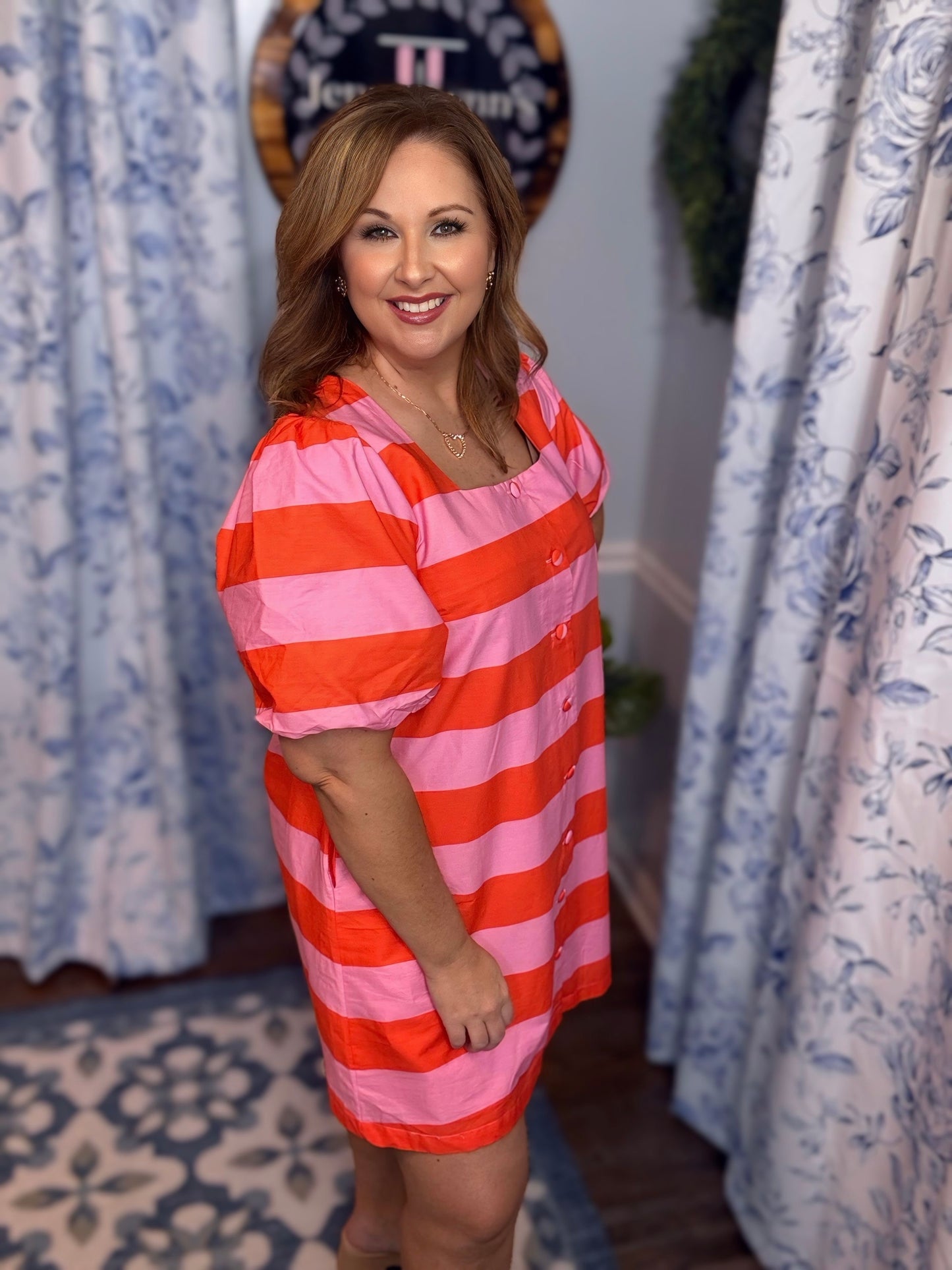 Entro Pink Striped Puff Sleeve Mini Dress