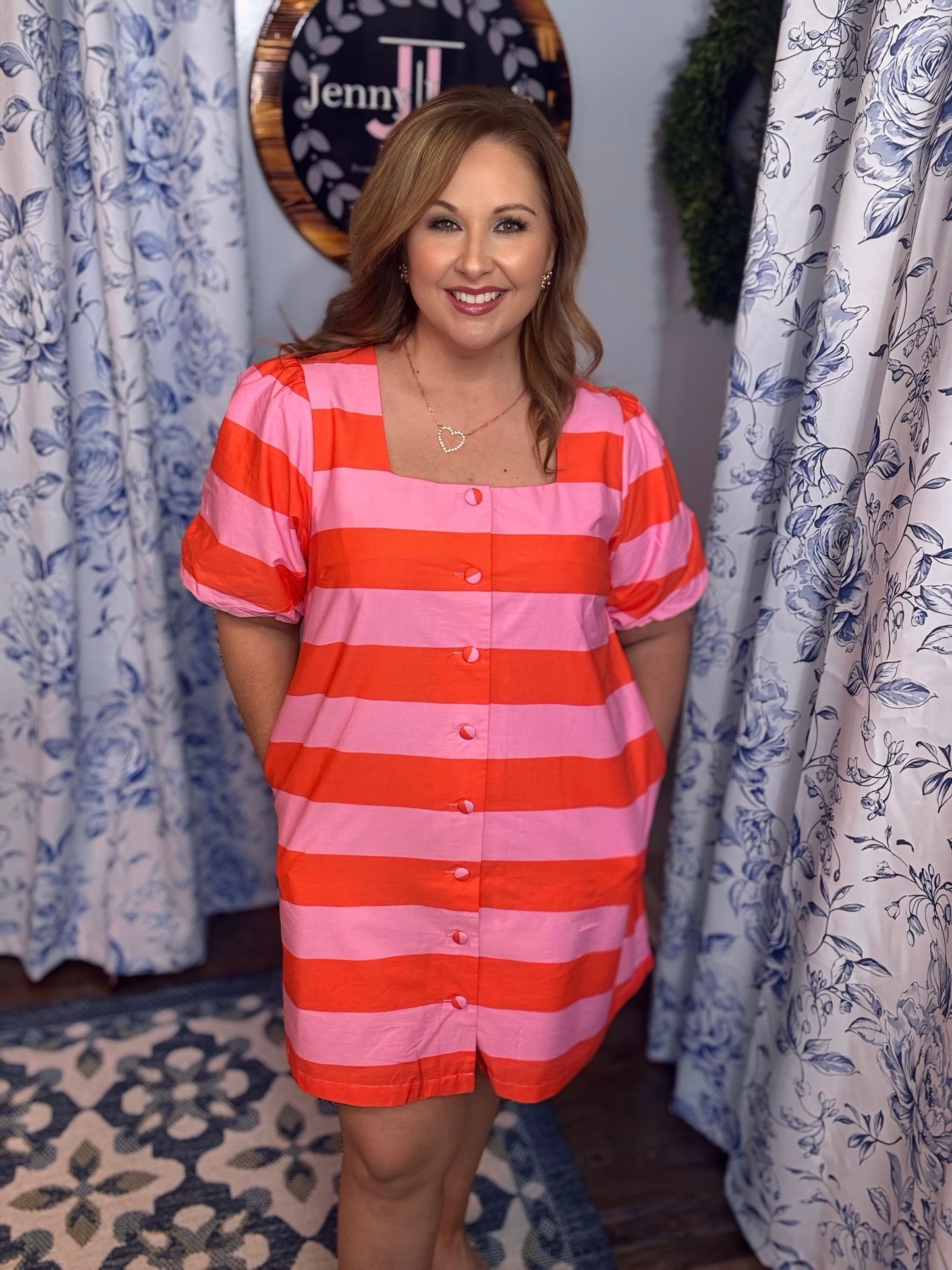 Entro Pink Striped Puff Sleeve Mini Dress