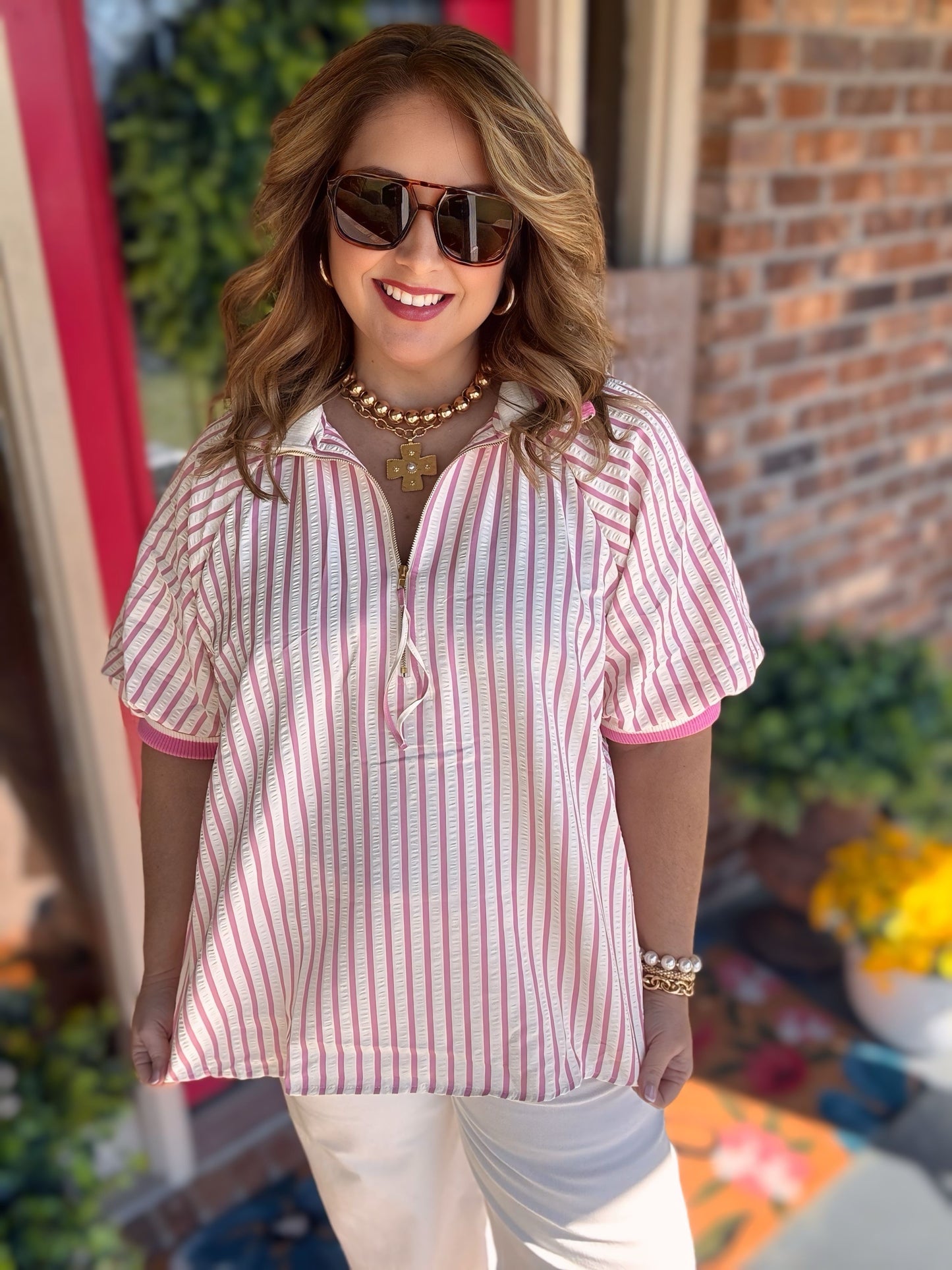 Entro Pink Striped Puff Sleeve Top