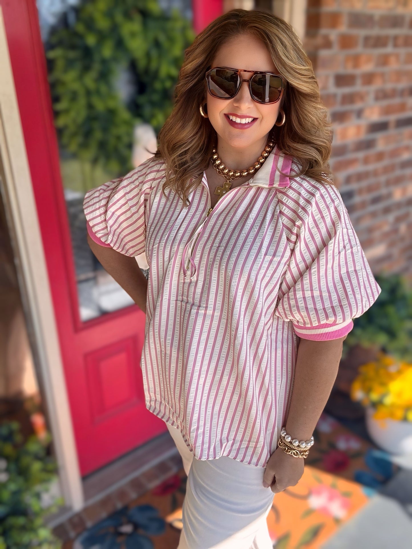 Entro Pink Striped Puff Sleeve Top