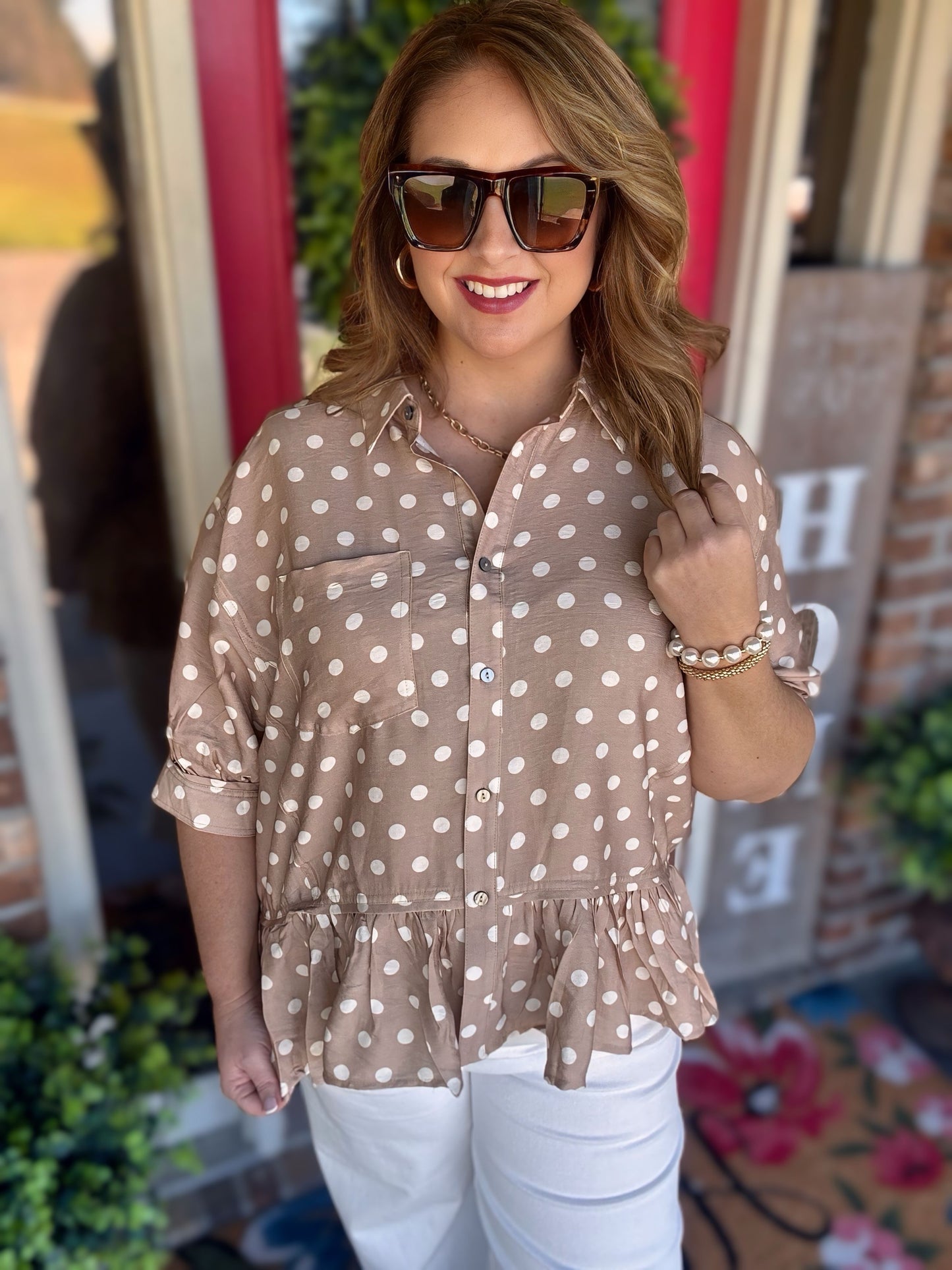 Entro Polka Dot Short Sleeve Top- Sand