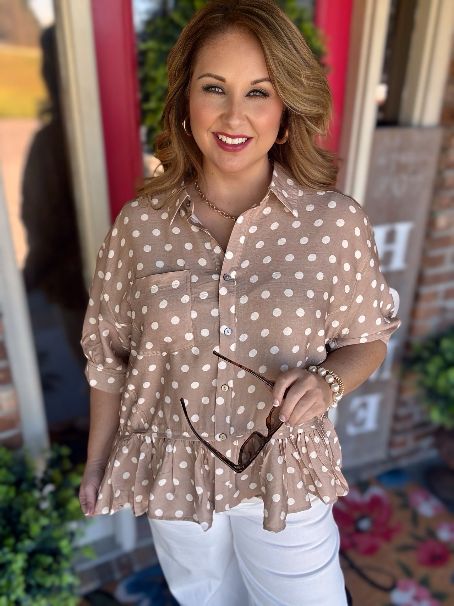 Entro Polka Dot Short Sleeve Top- Sand