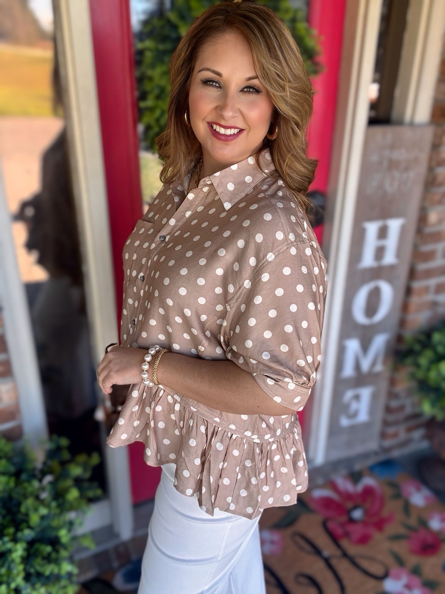 Entro Polka Dot Short Sleeve Top- Sand