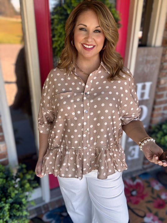 Entro Polka Dot Short Sleeve Top- Sand