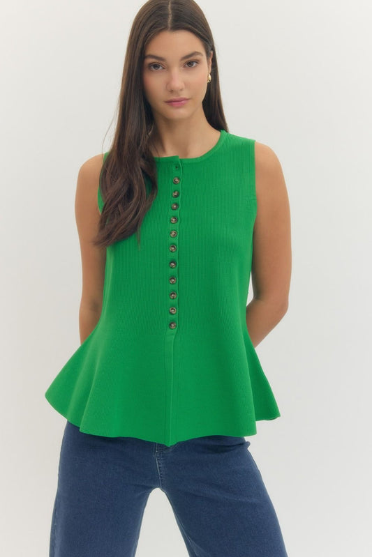 Entro Green Sleeveless Front Button Peplum Top