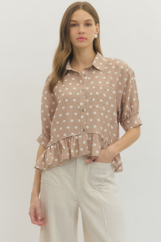 Entro Polka Dot Short Sleeve Top- Sand