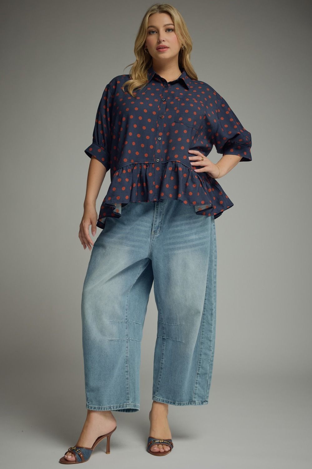 Entro Navy Rust Polka Dot Button Top