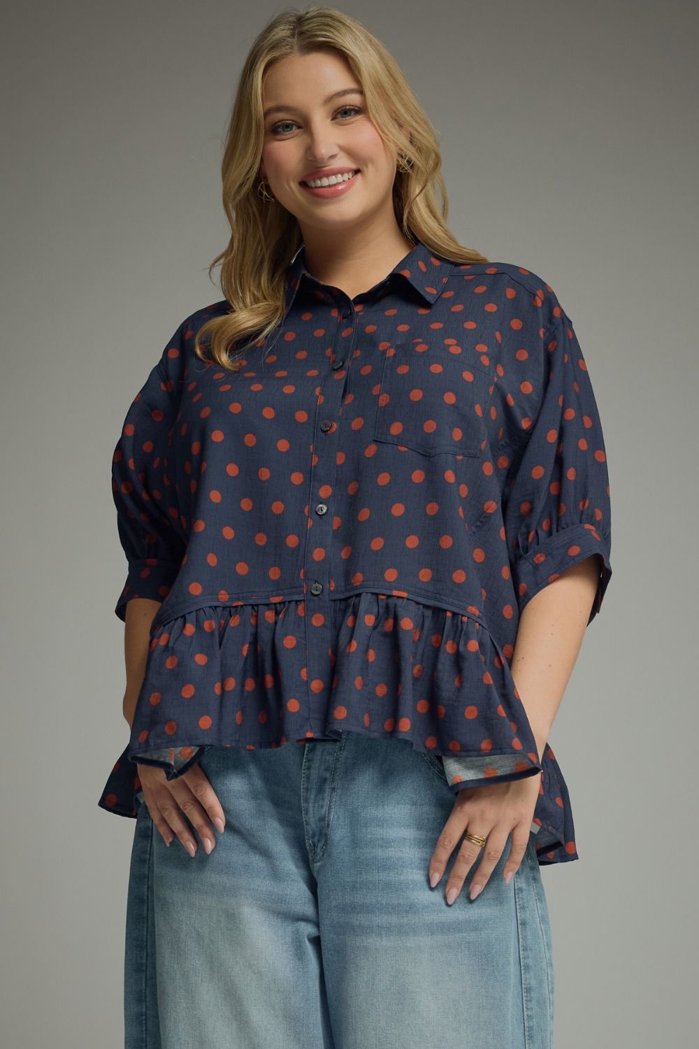 Entro Navy Rust Polka Dot Button Top