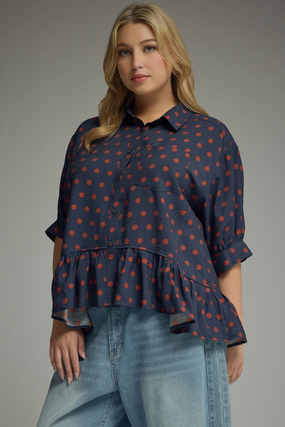 Entro Navy Rust Polka Dot Button Top