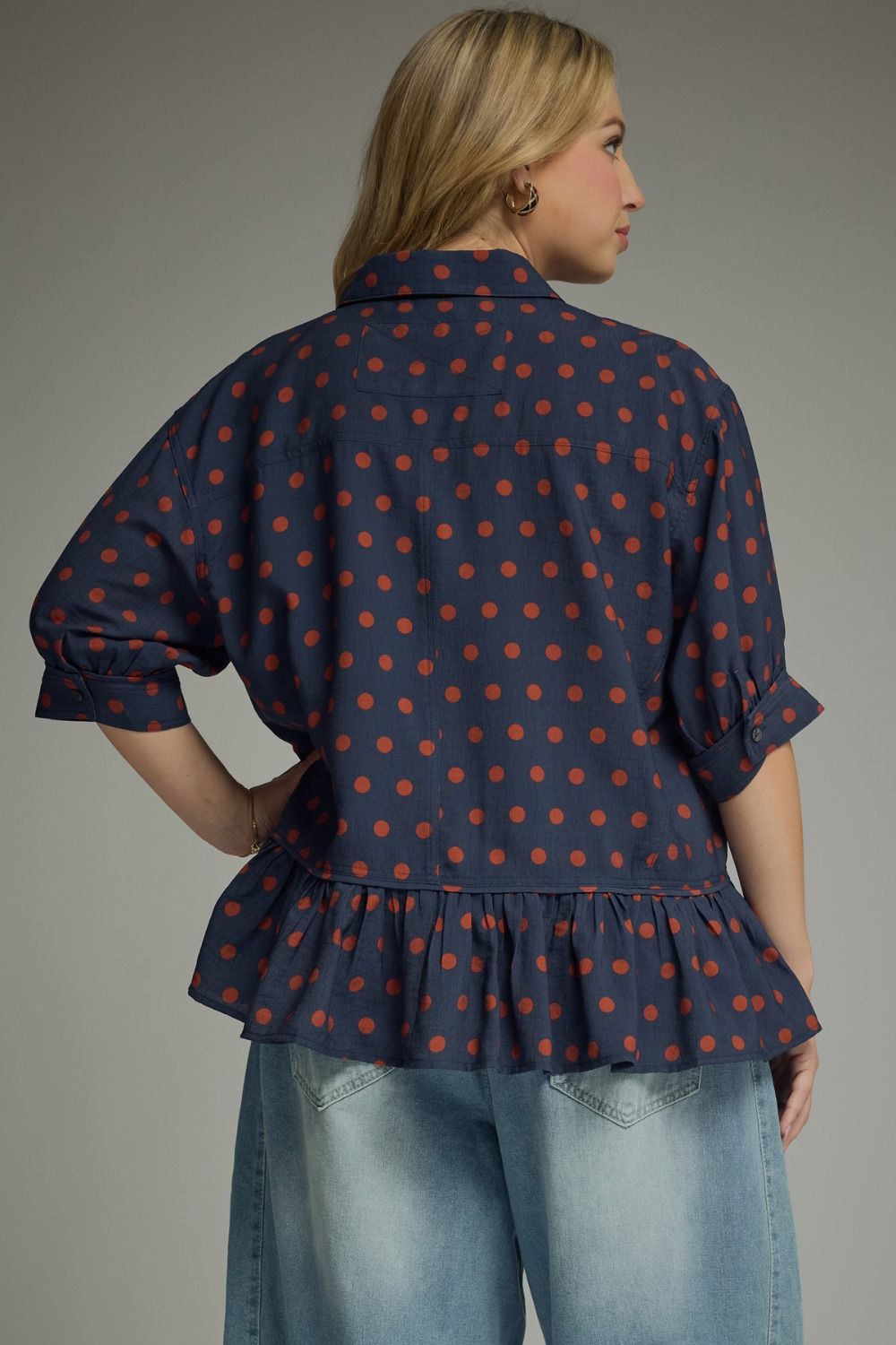 Entro Navy Rust Polka Dot Button Top