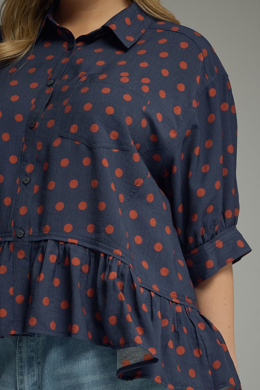 Entro Navy Rust Polka Dot Button Top