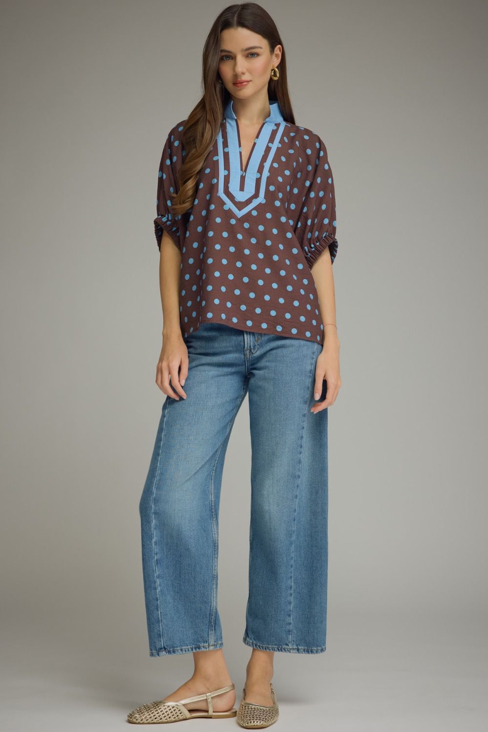 Entro Brown Blue Polka Dot Top
