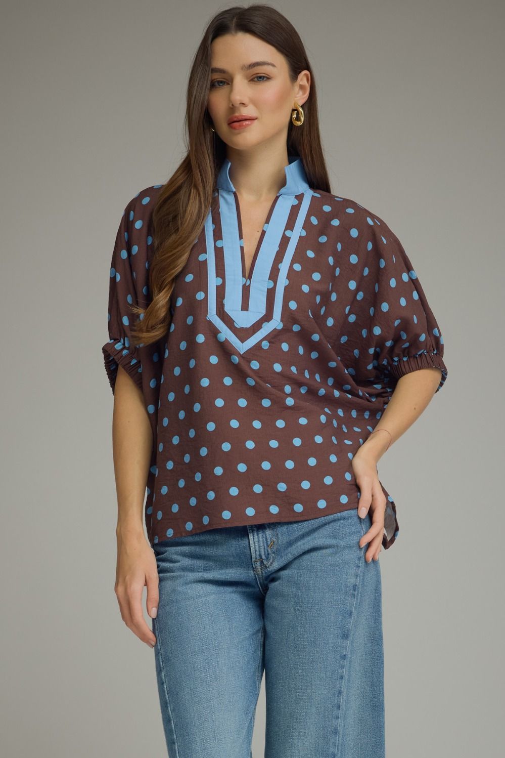 Entro Brown Blue Polka Dot Top