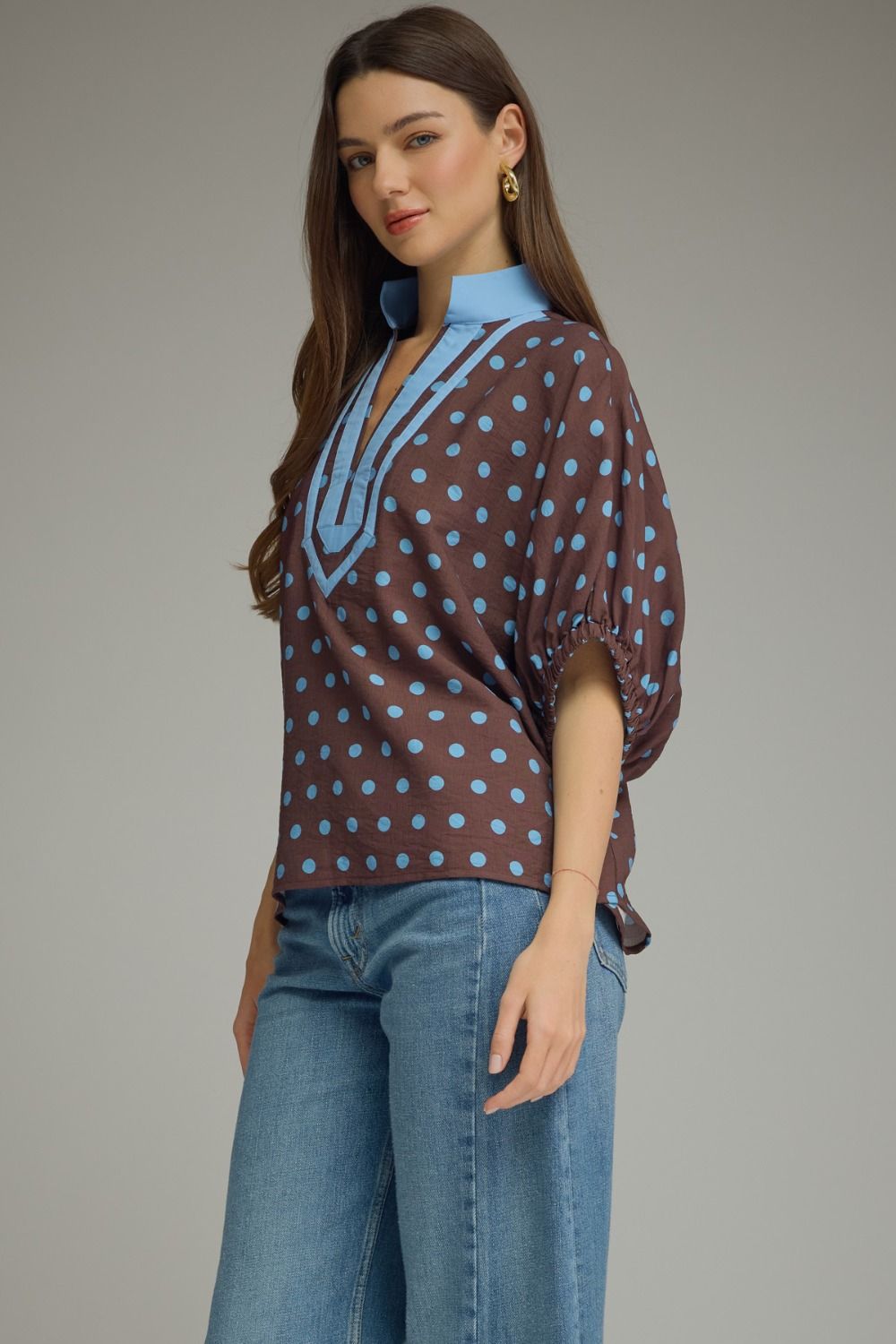 Entro Brown Blue Polka Dot Top