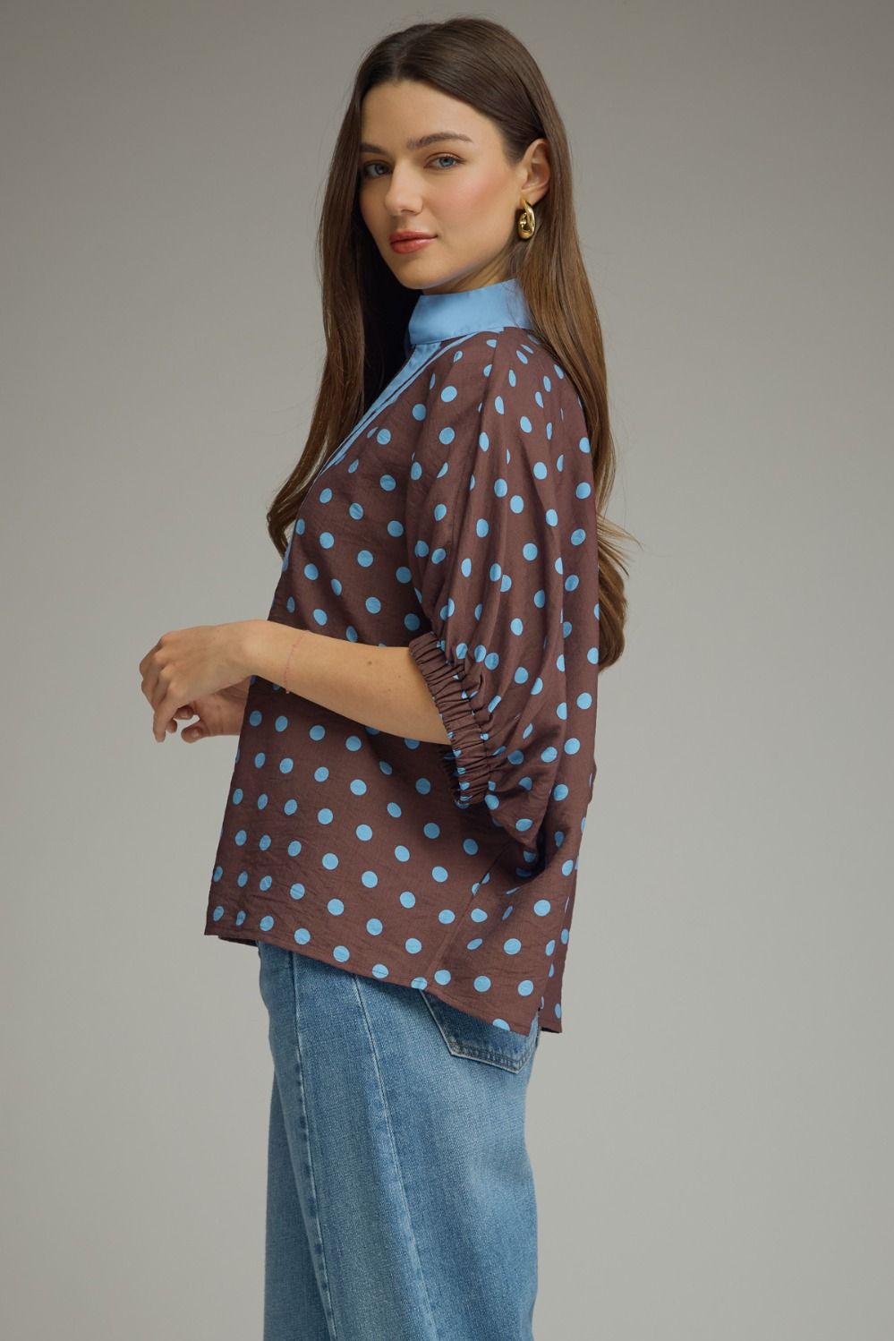 Entro Brown Blue Polka Dot Top