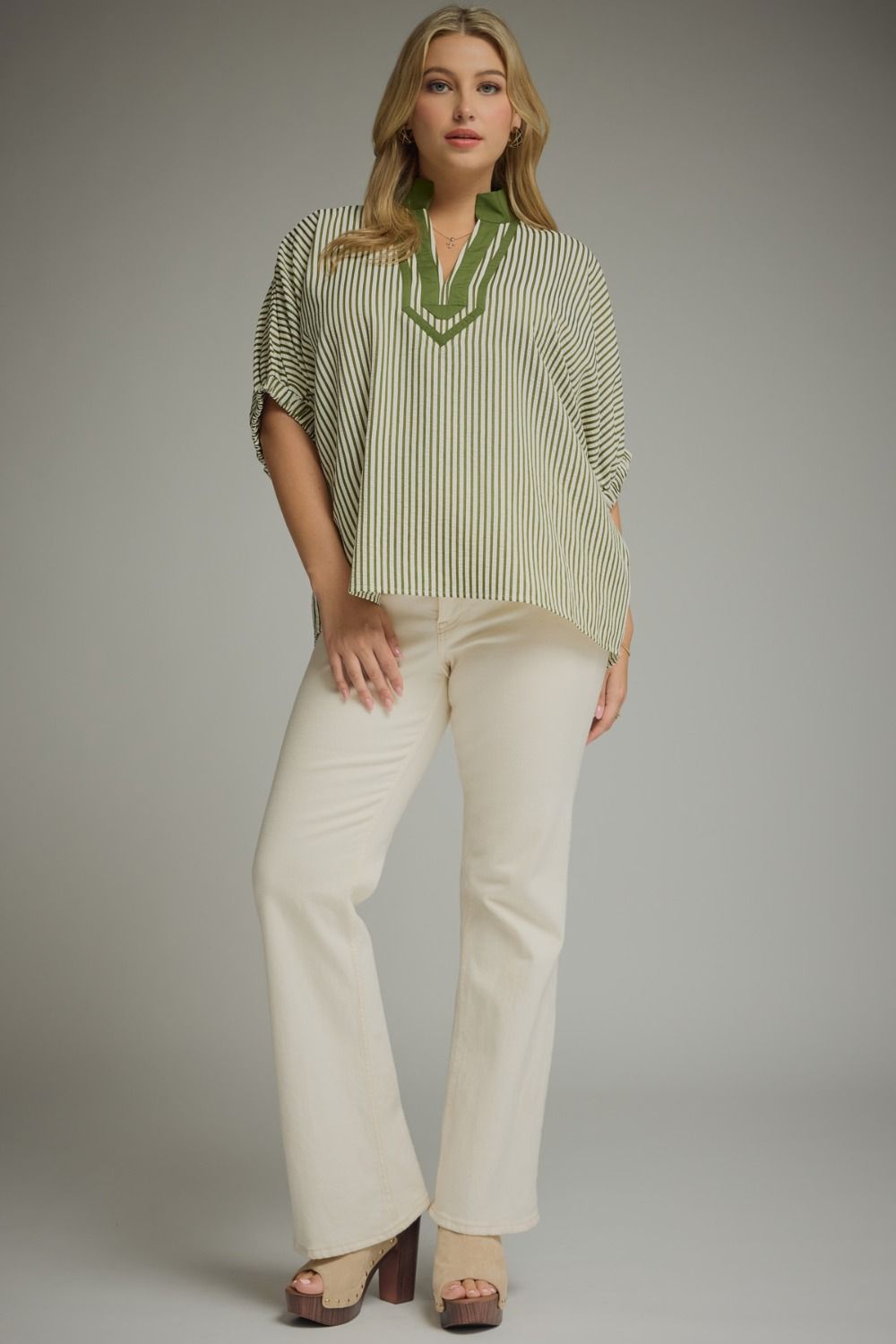 Entro Olive Striped Split Neck Top