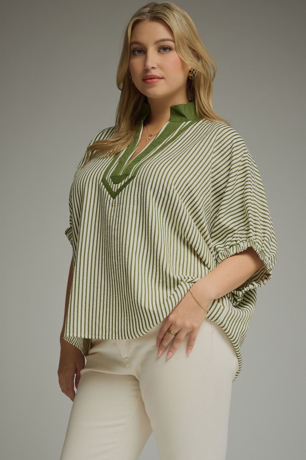 Entro Olive Striped Split Neck Top