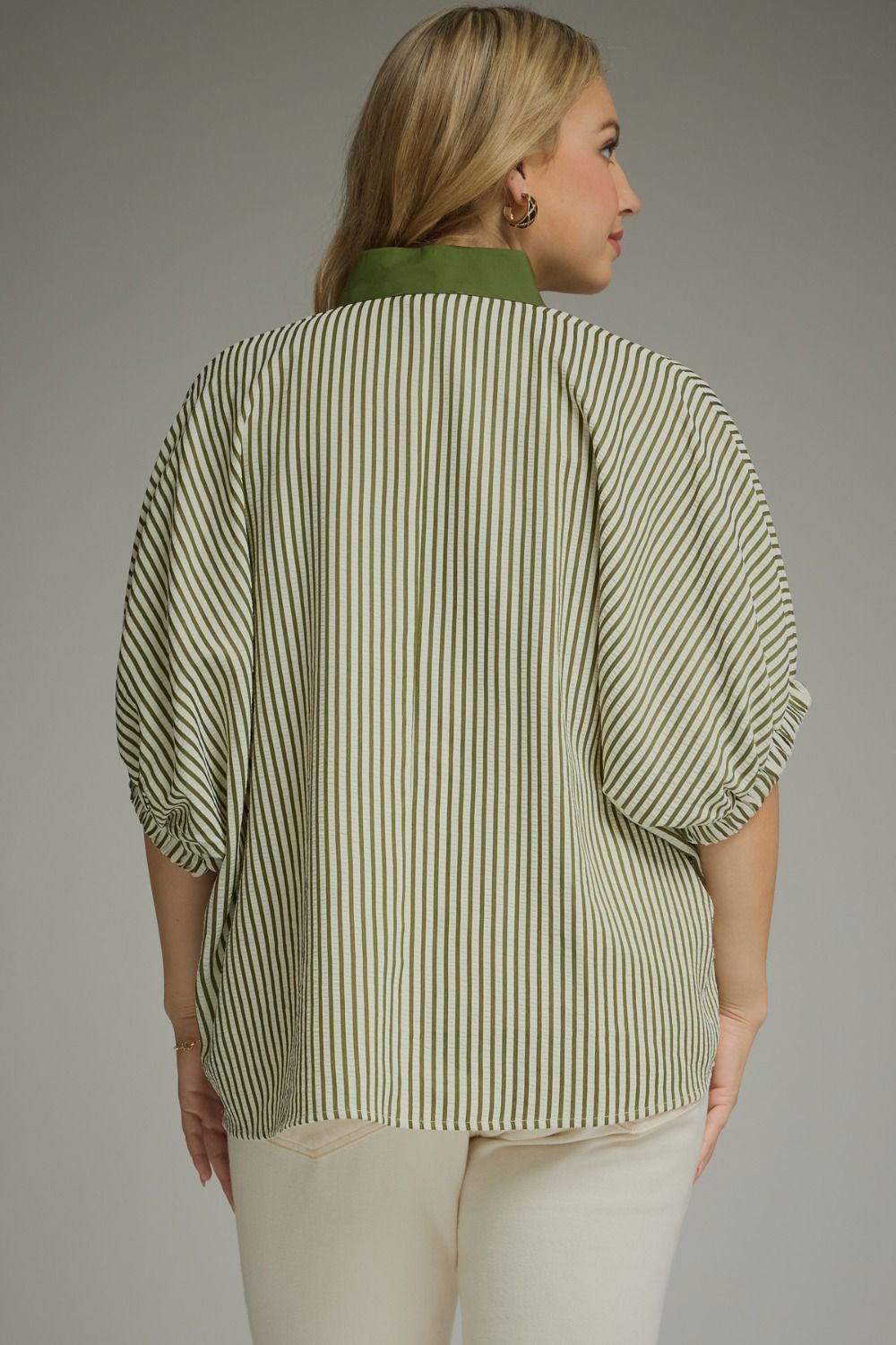Entro Olive Striped Split Neck Top